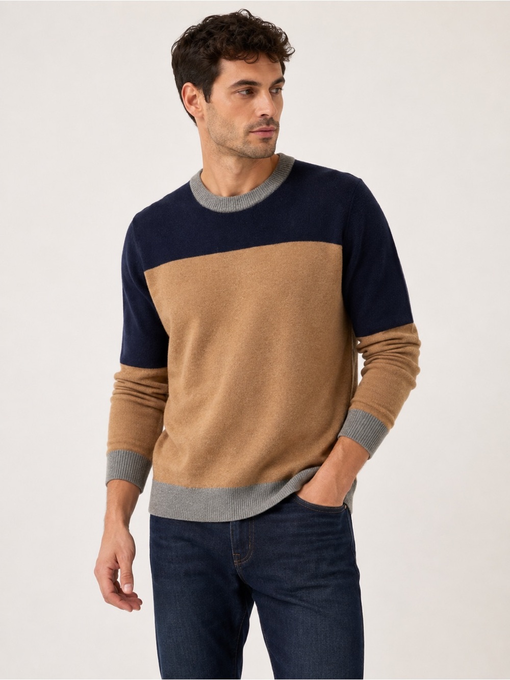 J. Crew merino wool blend Men's Navy, Camel & Gray Blocked Crewneck Sweater M